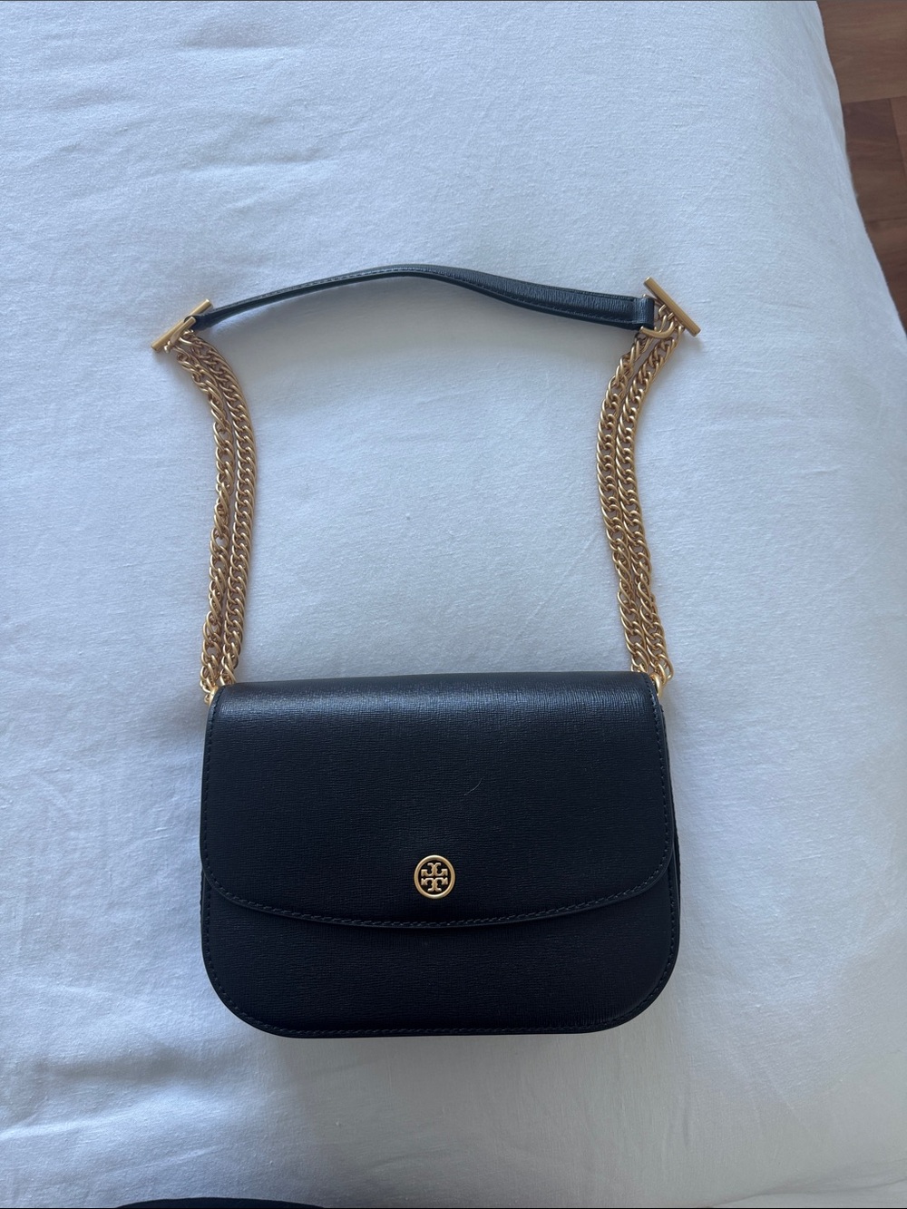 Tory Burch Black Leather Crossbody with Gold Chain Strap